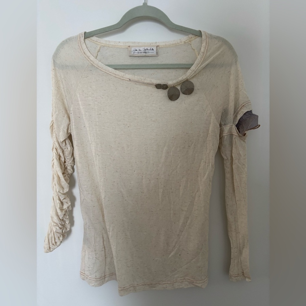 Elisa Cavaletti Cream Long Sleeve Top with Ruched Sleeve and Metal Detail Small